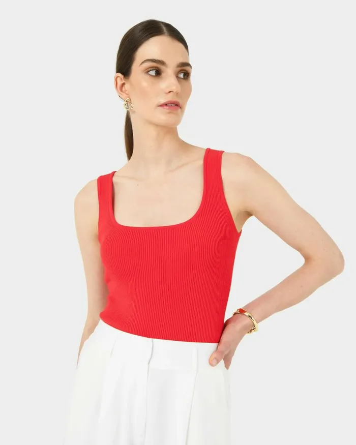 Forcast Vivi Rib Knit Tank Top Redblack Women TShirts and Tops