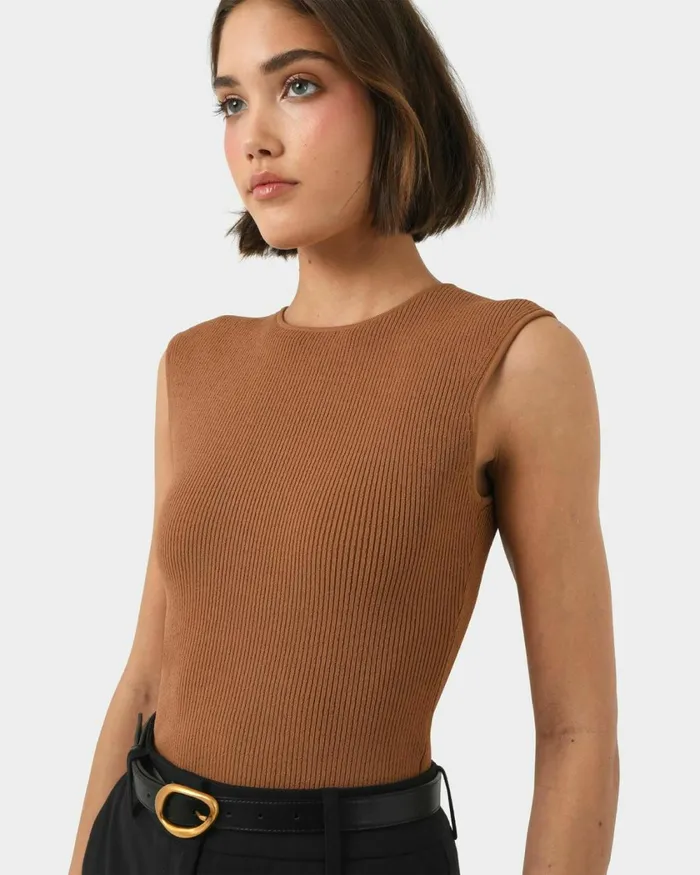 Forcast Viviana Sleeveless Knit Top Camelivoryblack Women TShirts and Tops