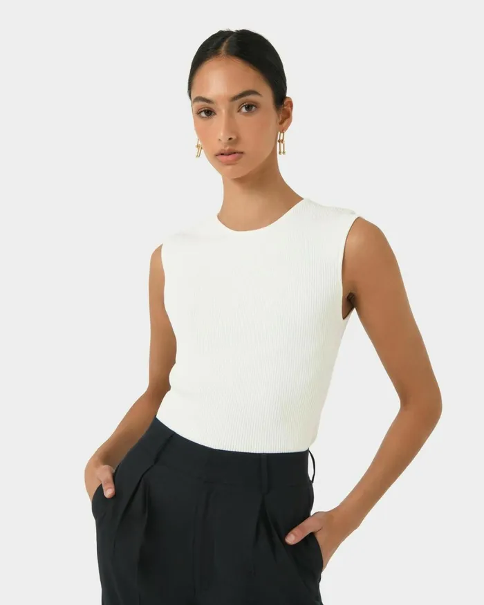 Forcast Viviana Sleeveless Knit Top Camelivoryblack Women TShirts and Tops