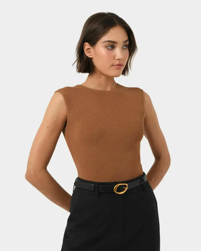 Forcast Viviana Sleeveless Knit Top Camelivoryblack Women TShirts and Tops