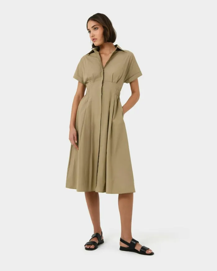Forcast Zara Panel Midi Shirt Dress Safari Beige Women Midi Dresses