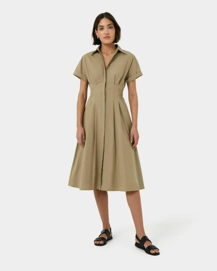 Forcast Zara Panel Midi Shirt Dress Safari Beige Women Midi Dresses