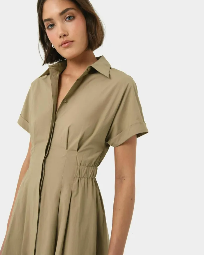 Forcast Zara Panel Midi Shirt Dress Safari Beige Women Midi Dresses