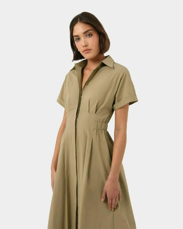 Forcast Zara Panel Midi Shirt Dress Safari Beige Women Midi Dresses