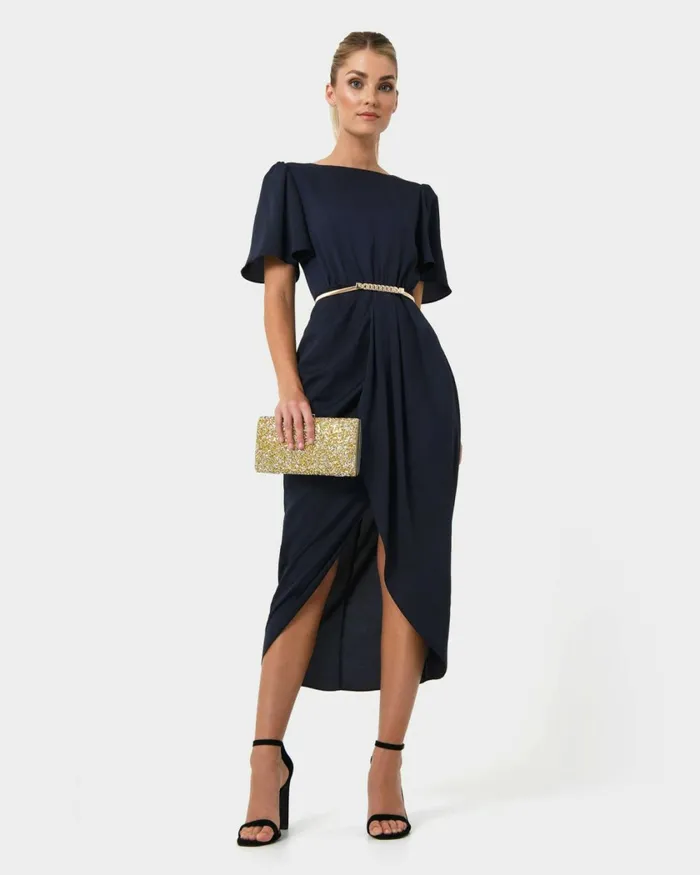 Forcast Zuba Midi Dress Dark Navy Women Midi Dresses
