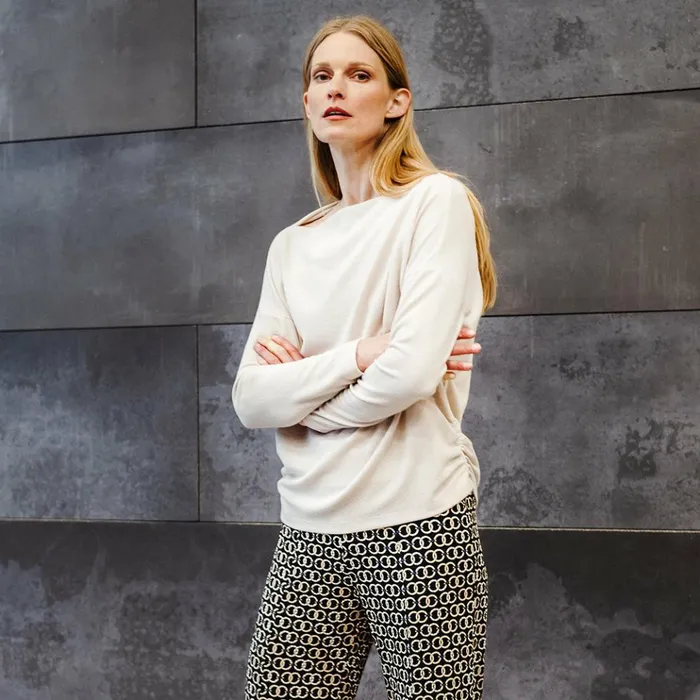 French TerryLike Knit 8211 Boat Neck Side Ruched Sweater Top 8211 Bone 8211 Final Sale Women Clara Sunwoo Sweaters