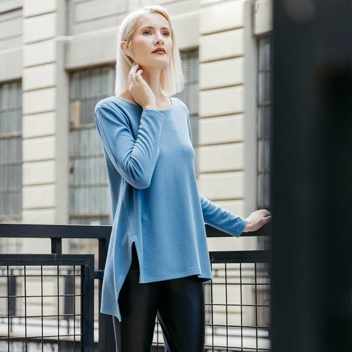 French TerryLike Knit 8211 Parachute Hem Sweater Tunic 8211 Powder Blue 8211 Final Sale Women Clara Sunwoo Sweaters French TerryLike Knit 8211 Parachute Hem Sweater Tunic 8211 Powder Blue 8211 Final Sale Women Clara Sunwoo Sweaters