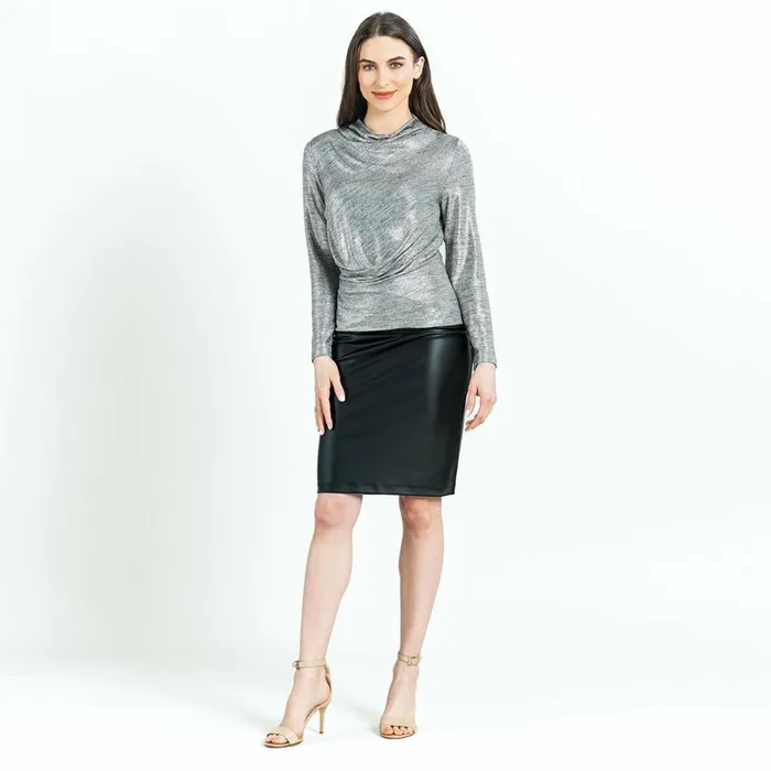 Glimmer Lam 8211 High Boat Neck Side Draped Top 8211 Silver 8211 Final Sale Women Clara Sunwoo Tops Tunics