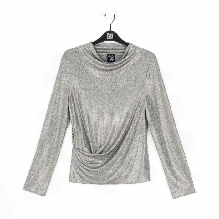 Glimmer Lam 8211 High Boat Neck Side Draped Top 8211 Silver 8211 Final Sale Women Clara Sunwoo Tops Tunics