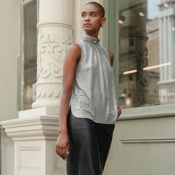 Glimmer Lam 8211 Sleeveless Pleated Detail Tank 8211 Silver 8211 Final Sale Women Clara Sunwoo Tops Tunics Glimmer Lam 8211 Sleeveless Pleated Detail Tank 8211 Silver 8211 Final Sale Women Clara Sunwoo Tops Tunics