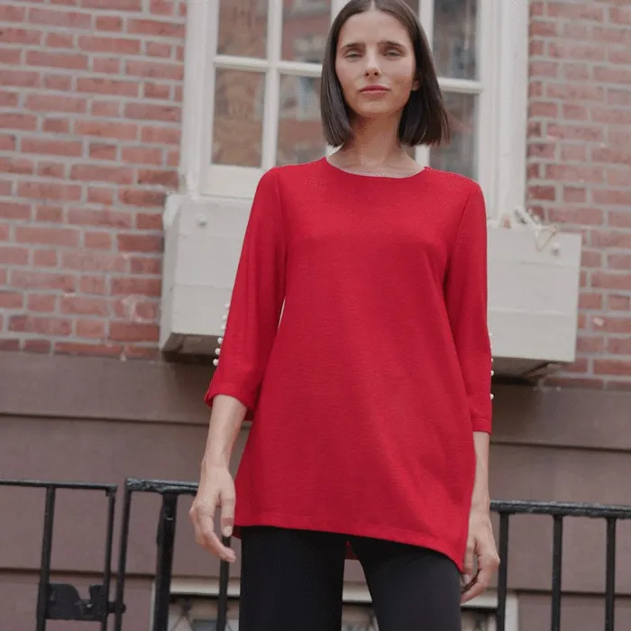 Glimmer Speck 8211 Pearl Cuff Asymmetrical Reverse HiLow Tunic 8211 Red 8211 Final Sale Women Clara Sunwoo Tops Tunics