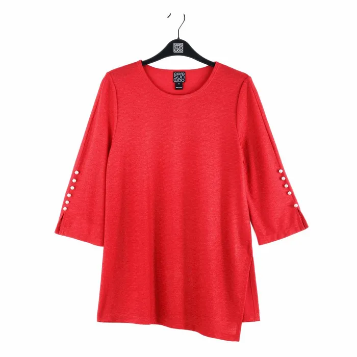 Glimmer Speck 8211 Pearl Cuff Asymmetrical Reverse HiLow Tunic 8211 Red 8211 Final Sale Women Clara Sunwoo Tops Tunics