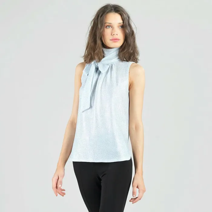 Glitter Foil 8211 Mock NeckTie Detail Top 8211 Silver Women Clara Sunwoo Tops Tunics