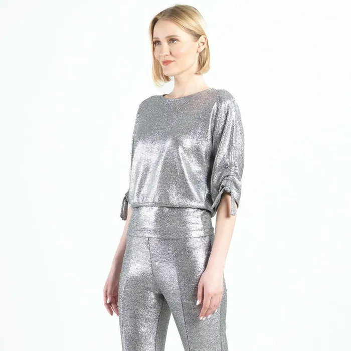 Glitter Foil 8211 PullTie Cuff Blouson Top 8211 Gunmetal 8211 Final Sale Women Clara Sunwoo Tops Tunics