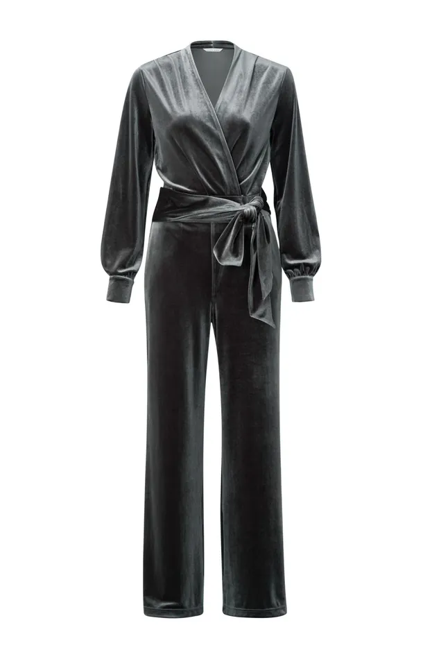 Grey Velvet Jumpsuit With Long Sleeves And Tie Belt Dark Metal Grey Women YAYA Jumpsuits Grey Velvet Jumpsuit With Long Sleeves And Tie Belt Dark Metal Grey Women YAYA Jumpsuits