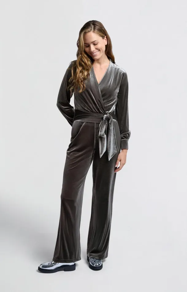 Grey Velvet Jumpsuit With Long Sleeves And Tie Belt Dark Metal Grey Women YAYA Jumpsuits Grey Velvet Jumpsuit With Long Sleeves And Tie Belt Dark Metal Grey Women YAYA Jumpsuits