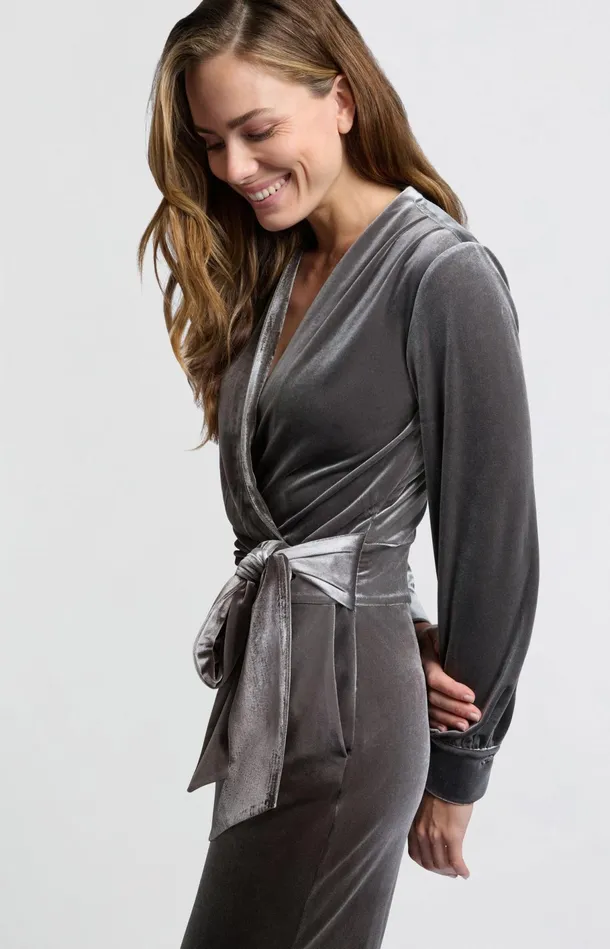 Grey Velvet Jumpsuit With Long Sleeves And Tie Belt Dark Metal Grey Women YAYA Jumpsuits Grey Velvet Jumpsuit With Long Sleeves And Tie Belt Dark Metal Grey Women YAYA Jumpsuits