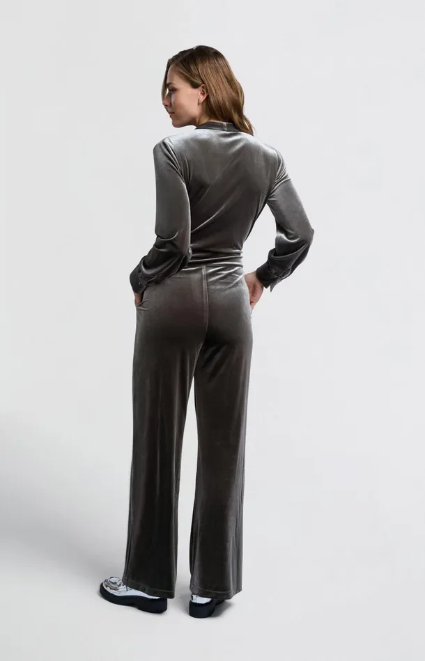 Grey Velvet Jumpsuit With Long Sleeves And Tie Belt Dark Metal Grey Women YAYA Jumpsuits Grey Velvet Jumpsuit With Long Sleeves And Tie Belt Dark Metal Grey Women YAYA Jumpsuits