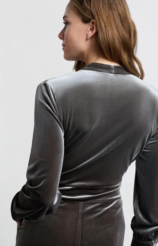 Grey Velvet Jumpsuit With Long Sleeves And Tie Belt Dark Metal Grey Women YAYA Jumpsuits Grey Velvet Jumpsuit With Long Sleeves And Tie Belt Dark Metal Grey Women YAYA Jumpsuits