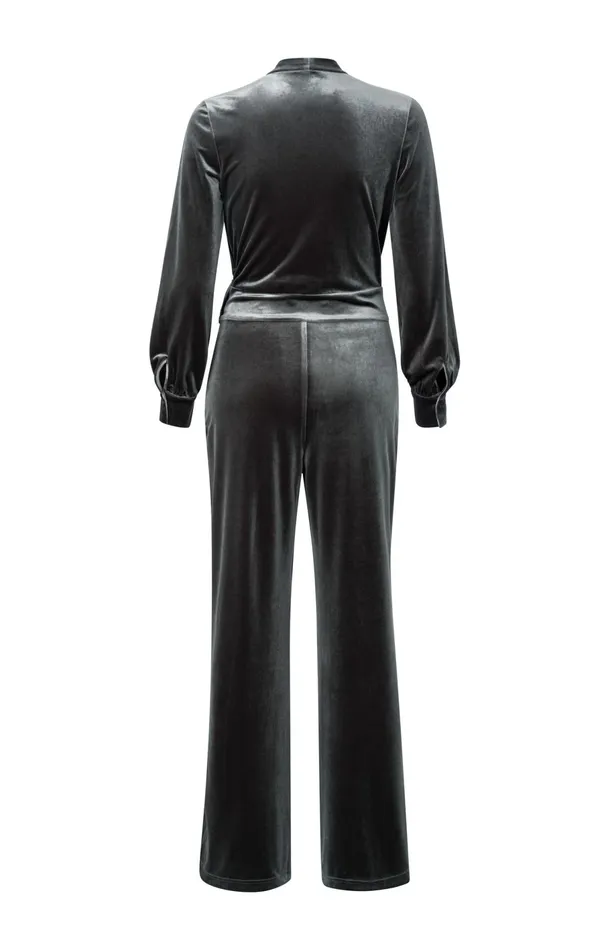 Grey Velvet Jumpsuit With Long Sleeves And Tie Belt Dark Metal Grey Women YAYA Jumpsuits Grey Velvet Jumpsuit With Long Sleeves And Tie Belt Dark Metal Grey Women YAYA Jumpsuits