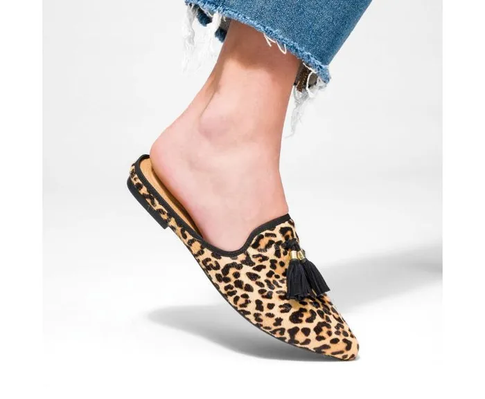 Hush Puppies Flats and SlipOns Women Sadie Tassel Mule Leopard Calf Hair Hush Puppies Flats and SlipOns Women Sadie Tassel Mule Leopard Calf Hair