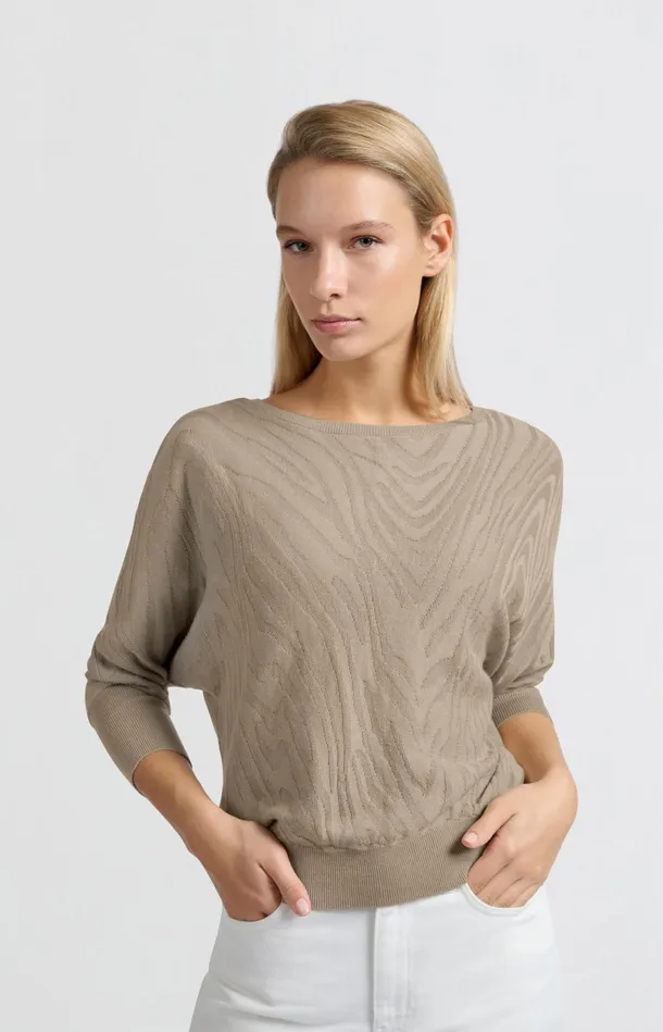 Jacquard Sweater With Boatneck And Threequarter Sleeves Humus Beige Women YAYA Sweaters Jacquard Sweater With Boatneck And Threequarter Sleeves Humus Beige Women YAYA Sweaters