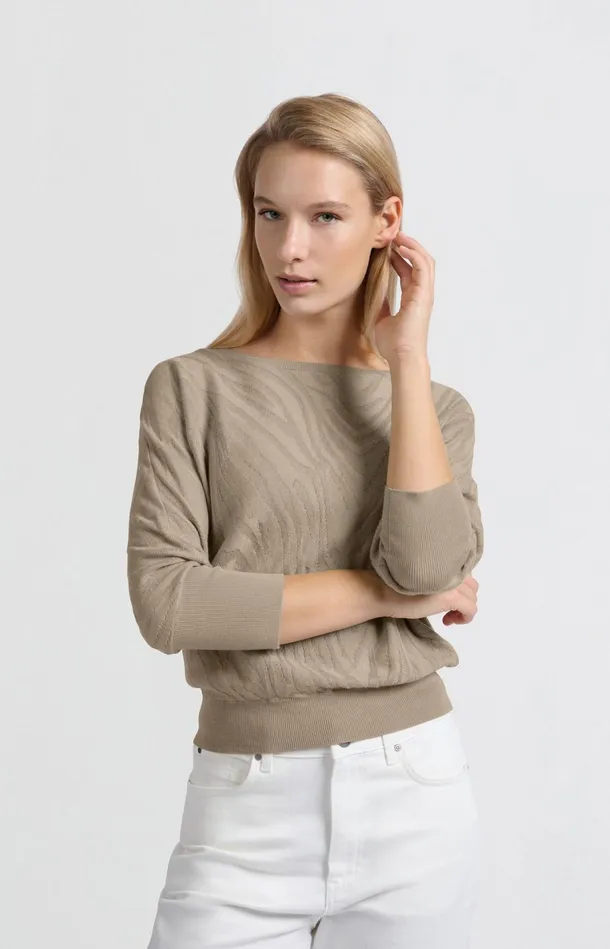 Jacquard Sweater With Boatneck And Threequarter Sleeves Humus Beige Women YAYA Sweaters Jacquard Sweater With Boatneck And Threequarter Sleeves Humus Beige Women YAYA Sweaters