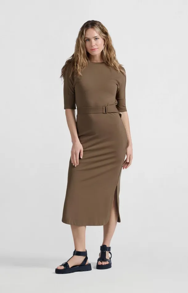 Jersey Midi Dress With Belt And Regular Fit Caribou Brown Women YAYA Dresses Jersey Midi Dress With Belt And Regular Fit Caribou Brown Women YAYA Dresses