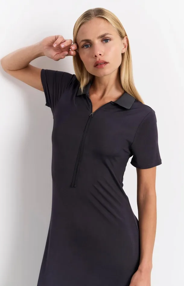 Jersey Midi Dress With Polo Collar And Zipper Phantom Women YAYA Dresses Jersey Midi Dress With Polo Collar And Zipper Phantom Women YAYA Dresses