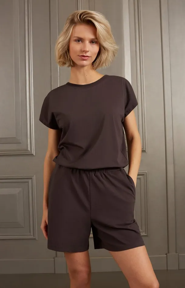 Jersey Playsuit With Batwing Sleeves And Pockets Licorice Black Women YAYA Jumpsuits Jersey Playsuit With Batwing Sleeves And Pockets Licorice Black Women YAYA Jumpsuits