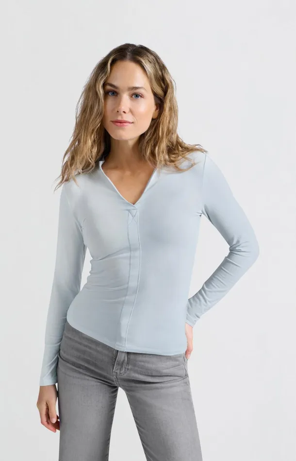 Jersey Top With Long Sleeves And Vneck Gray Dawn Blue Women YAYA Tops