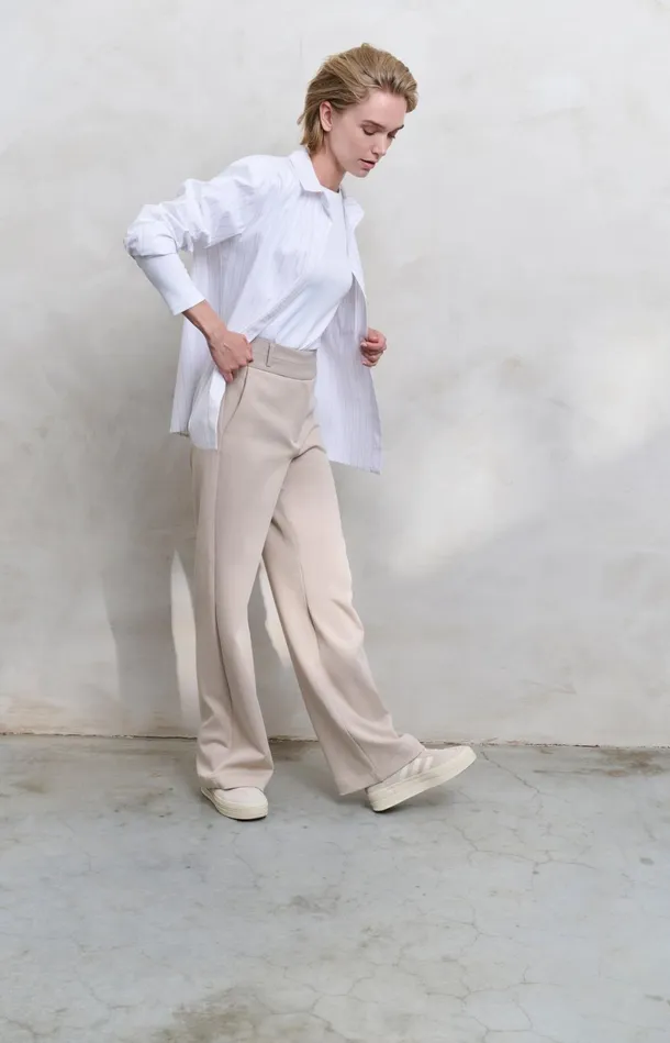 Jersey Trousers With Wide Legs And Contrasting Waistband Feather Women YAYA Trousers Jersey Trousers With Wide Legs And Contrasting Waistband Feather Women YAYA Trousers