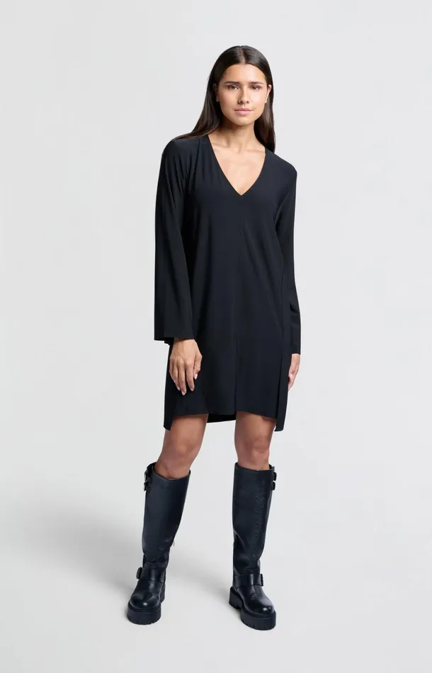 Jersey Vneck Dress With Flared Skirt Black Women YAYA Dresses