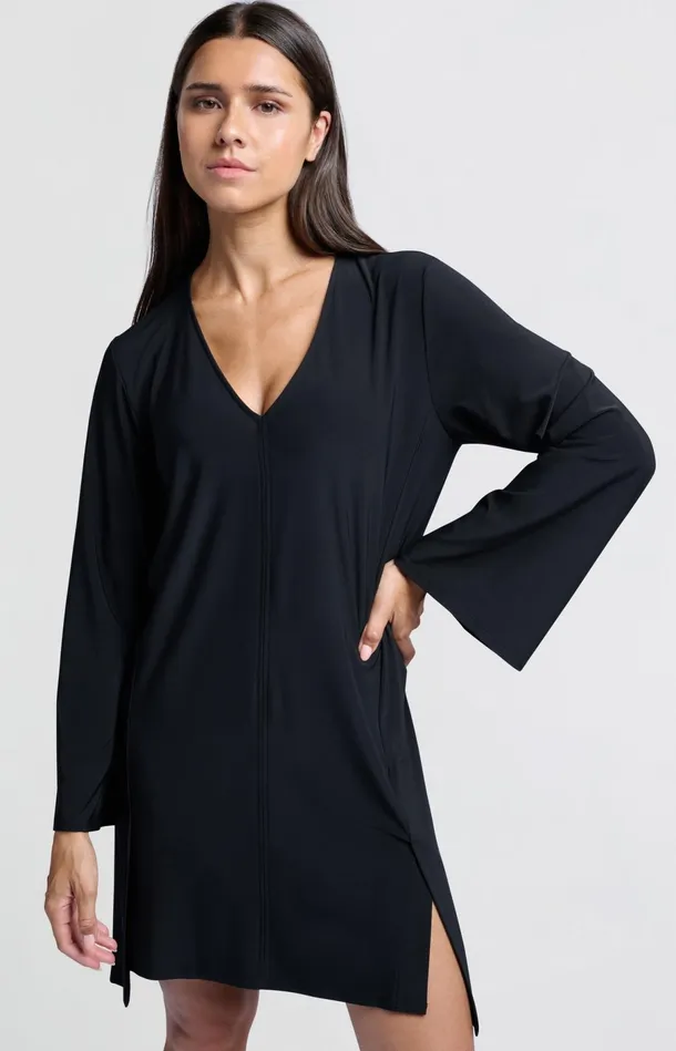 Jersey Vneck Dress With Flared Skirt Black Women YAYA Dresses Jersey Vneck Dress With Flared Skirt Black Women YAYA Dresses