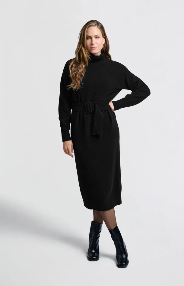 Knitted Midi Dress With Turtleneck And Waist Belt Black Women YAYA Dresses