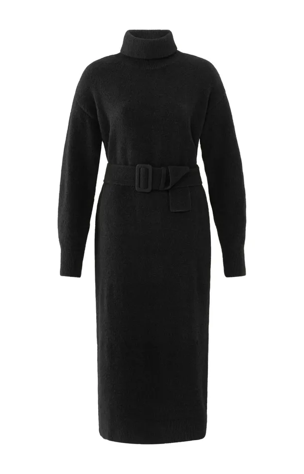 Knitted Midi Dress With Turtleneck And Waist Belt Black Women YAYA Dresses Knitted Midi Dress With Turtleneck And Waist Belt Black Women YAYA Dresses