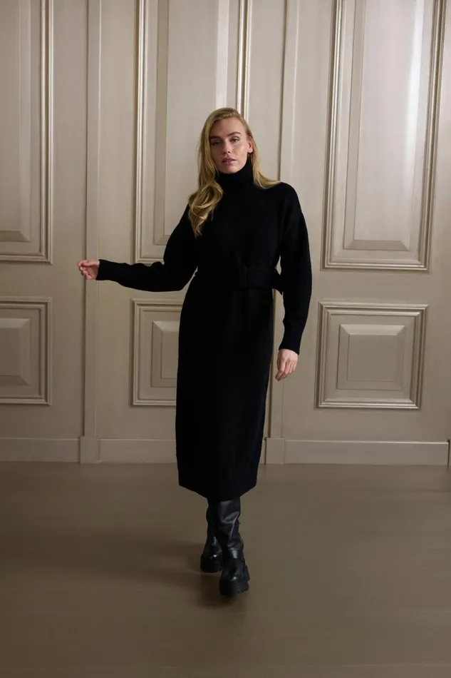 Knitted Midi Dress With Turtleneck And Waist Belt Black Women YAYA Dresses Knitted Midi Dress With Turtleneck And Waist Belt Black Women YAYA Dresses