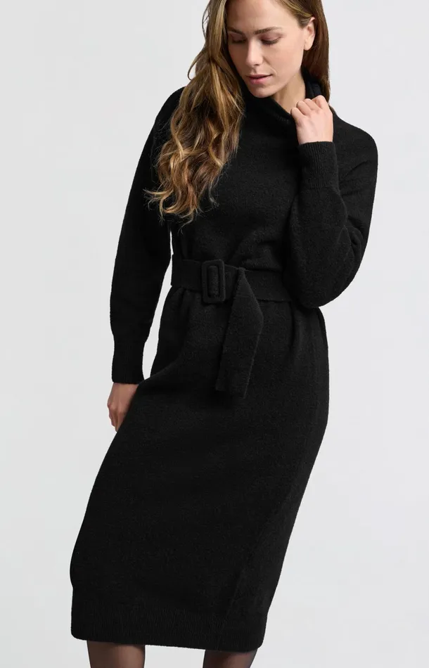 Knitted Midi Dress With Turtleneck And Waist Belt Black Women YAYA Dresses Knitted Midi Dress With Turtleneck And Waist Belt Black Women YAYA Dresses