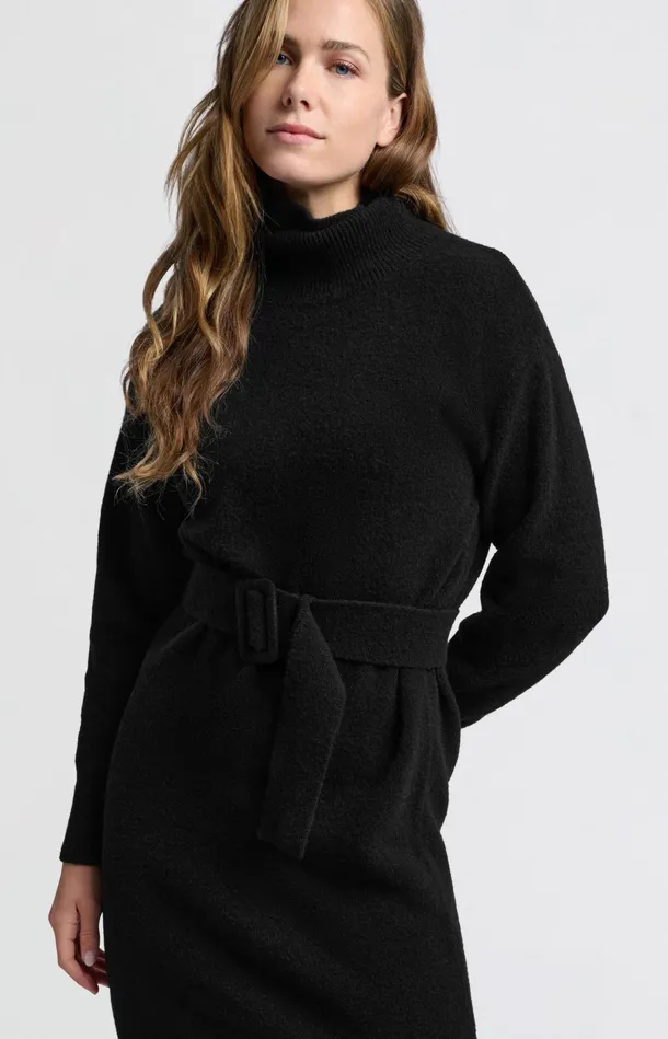 Knitted Midi Dress With Turtleneck And Waist Belt Black Women YAYA Dresses Knitted Midi Dress With Turtleneck And Waist Belt Black Women YAYA Dresses