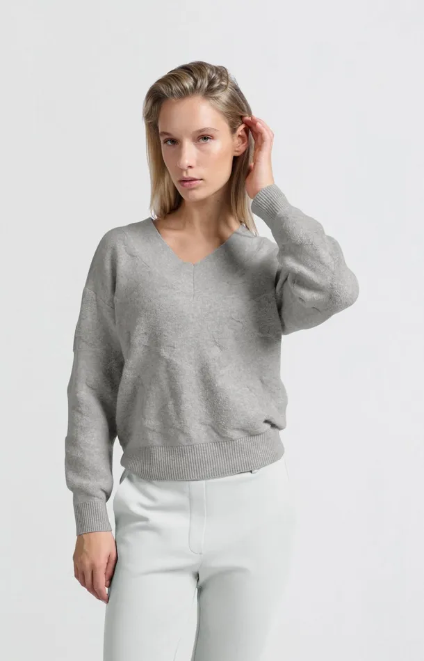 Knitted Sweater With Vneck And Textured Pattern Medium Grey Melange Women YAYA Sweaters Knitted Sweater With Vneck And Textured Pattern Medium Grey Melange Women YAYA Sweaters
