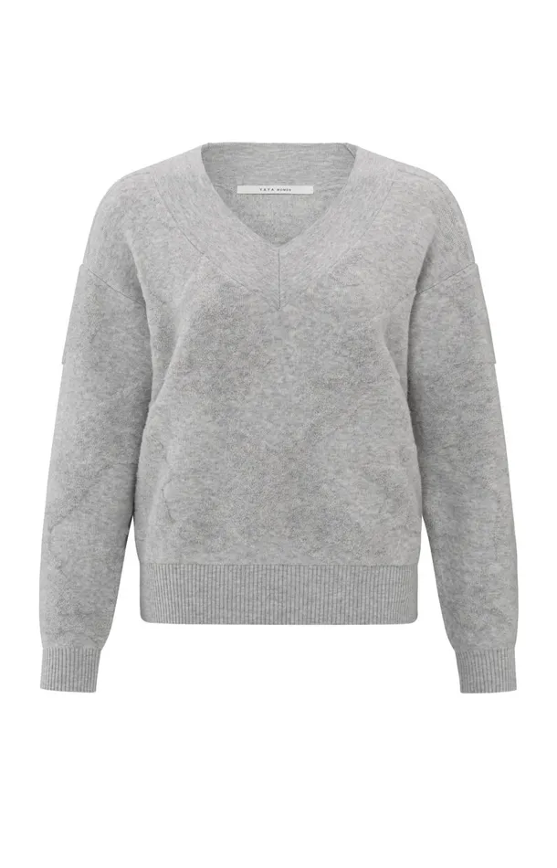 Knitted Sweater With Vneck And Textured Pattern Medium Grey Melange Women YAYA Sweaters Knitted Sweater With Vneck And Textured Pattern Medium Grey Melange Women YAYA Sweaters