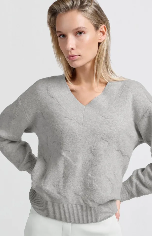 Knitted Sweater With Vneck And Textured Pattern Medium Grey Melange Women YAYA Sweaters Knitted Sweater With Vneck And Textured Pattern Medium Grey Melange Women YAYA Sweaters