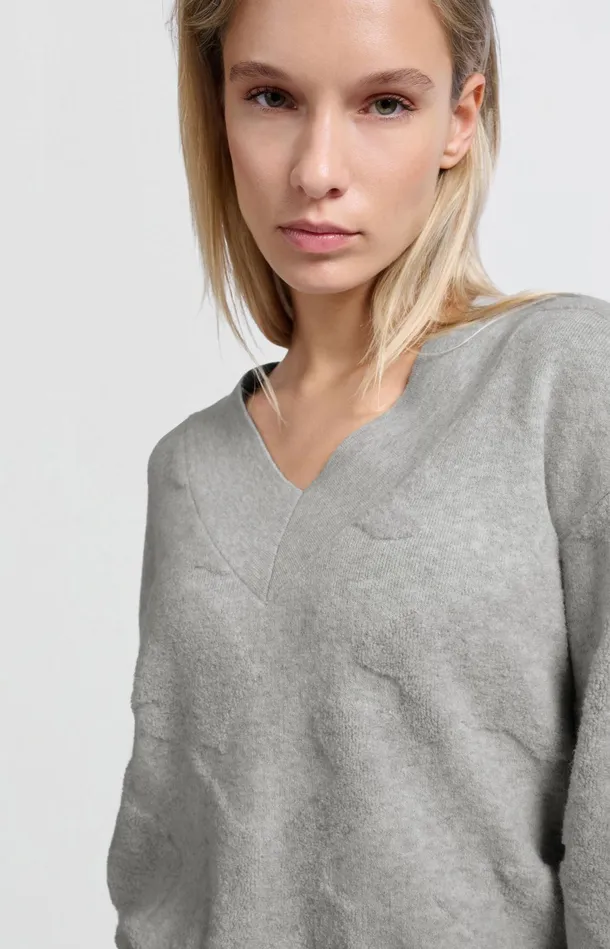 Knitted Sweater With Vneck And Textured Pattern Medium Grey Melange Women YAYA Sweaters Knitted Sweater With Vneck And Textured Pattern Medium Grey Melange Women YAYA Sweaters