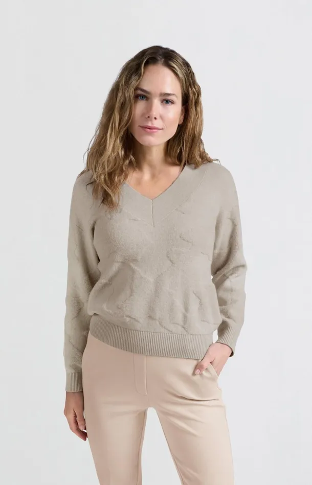 Knitted Sweater With Vneck And Textured Pattern Pumice Stone Beige Women YAYA Sweaters Knitted Sweater With Vneck And Textured Pattern Pumice Stone Beige Women YAYA Sweaters