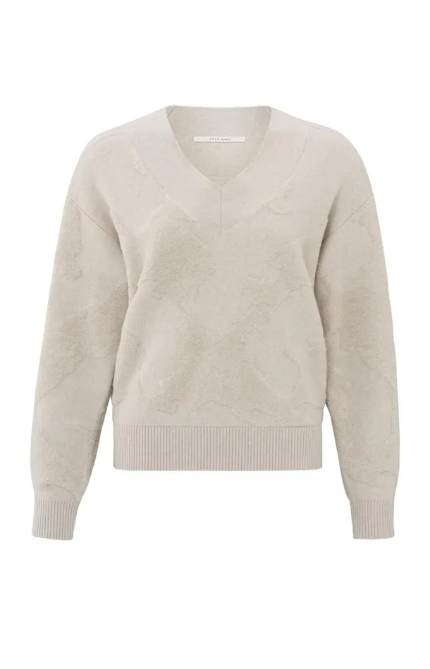 Knitted Sweater With Vneck And Textured Pattern Pumice Stone Beige Women YAYA Sweaters Knitted Sweater With Vneck And Textured Pattern Pumice Stone Beige Women YAYA Sweaters