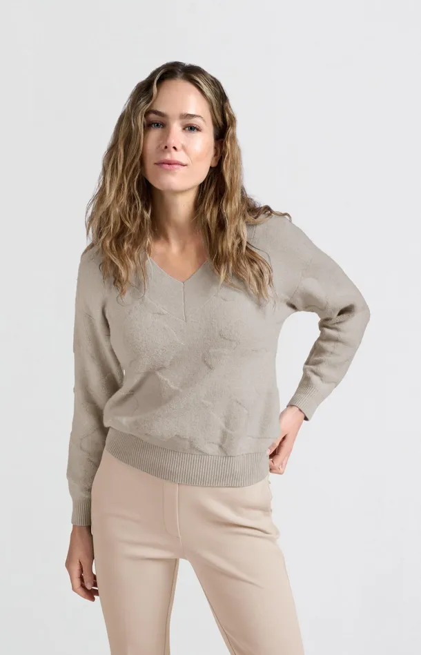 Knitted Sweater With Vneck And Textured Pattern Pumice Stone Beige Women YAYA Sweaters Knitted Sweater With Vneck And Textured Pattern Pumice Stone Beige Women YAYA Sweaters