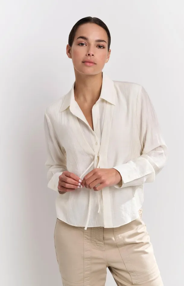 Layered Texture Blouse With Tie Detail Soft Off White Women YAYA Blouses