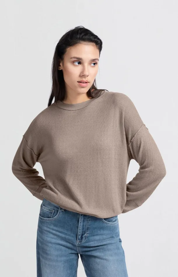 Light Brown Sweater With Round Neck And Subtle Seams Feather Grey Women YAYA Sweaters Light Brown Sweater With Round Neck And Subtle Seams Feather Grey Women YAYA Sweaters