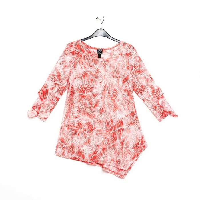 Light Knit 8211 Flutter Cuff Angle Vent Tunic 8211 Palm BranchCoral 8211 Final Sale Women Clara Sunwoo Tops Tunics
