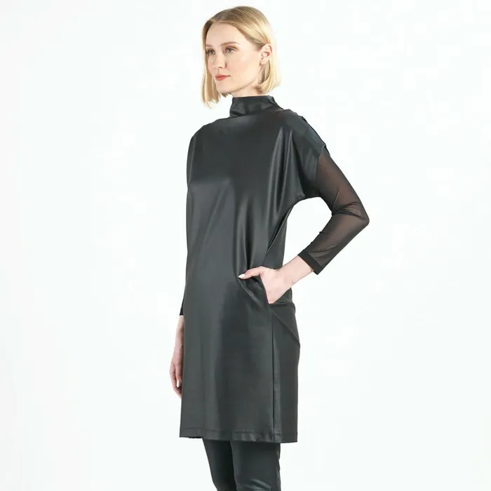 Liquid Leather 8211 High Neck Tunic Pocket Dress 8211 Black 8211 Final Sale Women Clara Sunwoo Dresses Jumpsuits